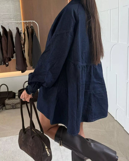 Button Down Mini Denim Dress with Front Pockets - THE AMERICAN BLUE