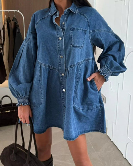 Button Down Mini Denim Dress with Front Pockets - THE AMERICAN BLUE