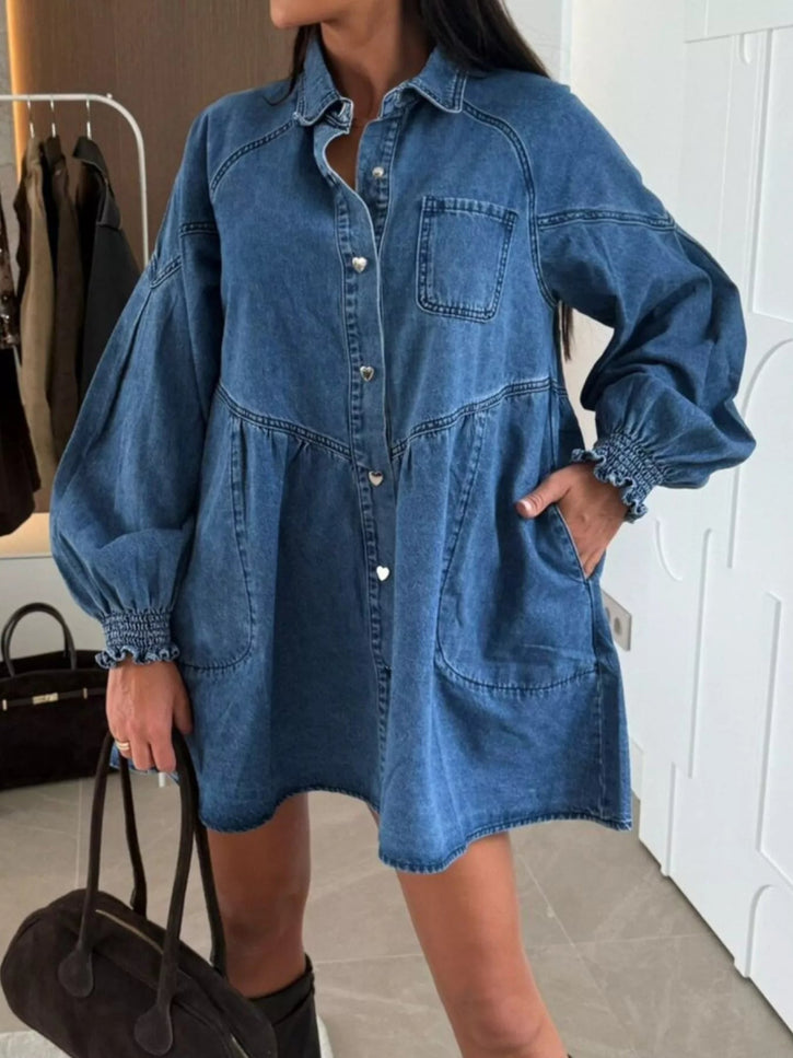 Button Down Mini Denim Dress with Front Pockets - THE AMERICAN BLUE