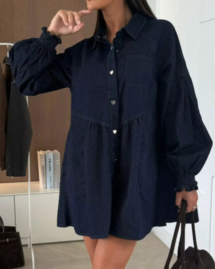 Button Down Mini Denim Dress with Front Pockets - THE AMERICAN BLUE