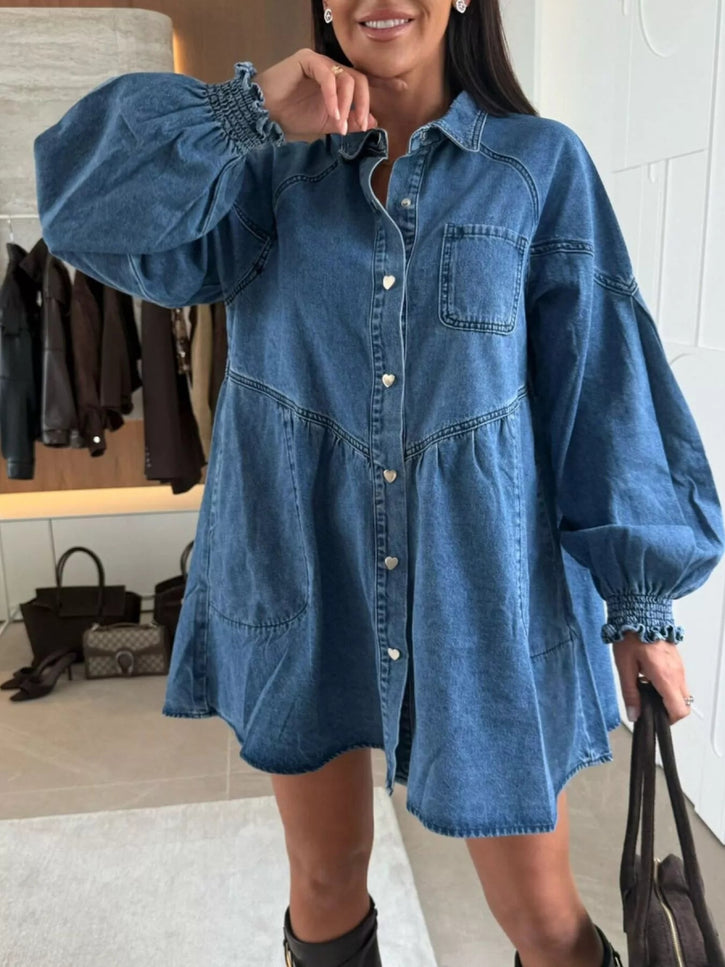 Button Down Mini Denim Dress with Front Pockets - THE AMERICAN BLUE
