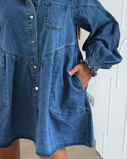 Button Down Mini Denim Dress with Front Pockets - THE AMERICAN BLUE