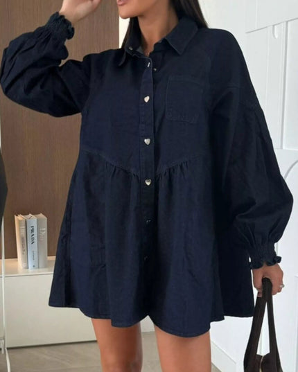 Button Down Mini Denim Dress with Front Pockets - THE AMERICAN BLUE
