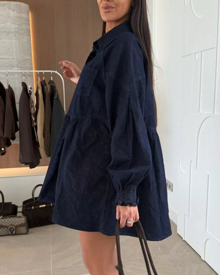 Button Down Mini Denim Dress with Front Pockets - THE AMERICAN BLUE