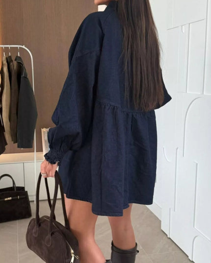 Button Down Mini Denim Dress with Front Pockets - THE AMERICAN BLUE