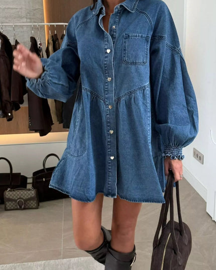 Button Down Mini Denim Dress with Front Pockets - THE AMERICAN BLUE