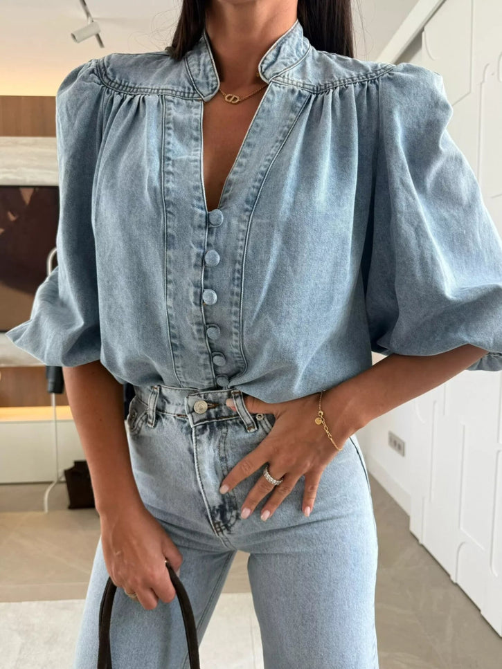 Button - Down Puff Sleeve Denim Top - THE AMERICAN BLUE
