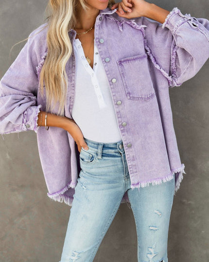 Button Down Raw Hem Denim Jacket - THE AMERICAN BLUE