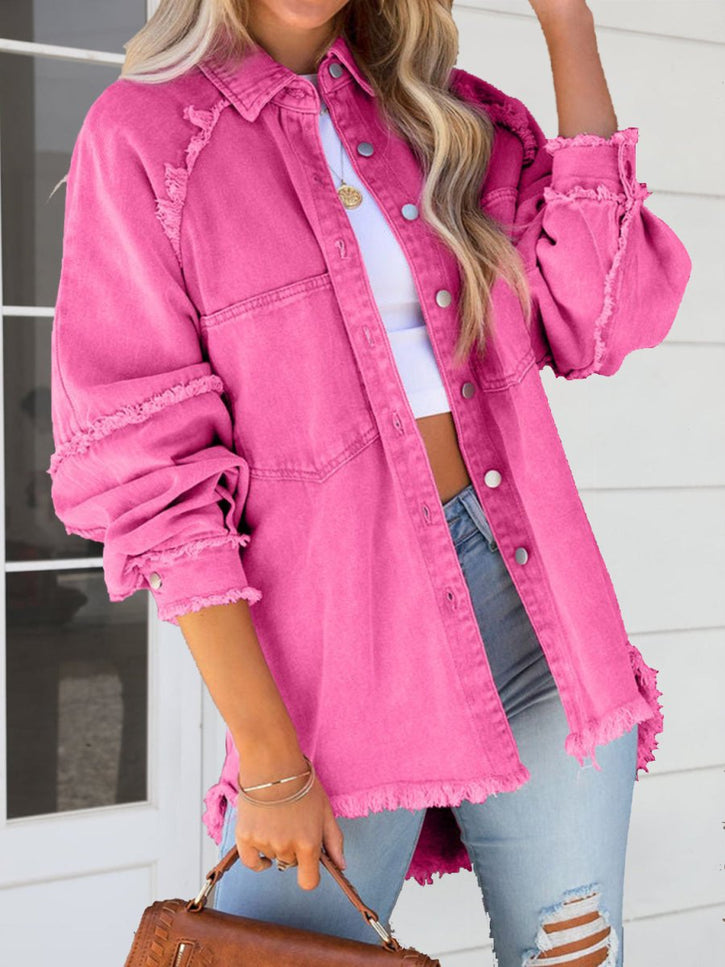 Button Down Raw Hem Denim Jacket - THE AMERICAN BLUE