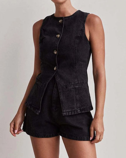 Button Down Vest and Shorts Denim Set - THE AMERICAN BLUE