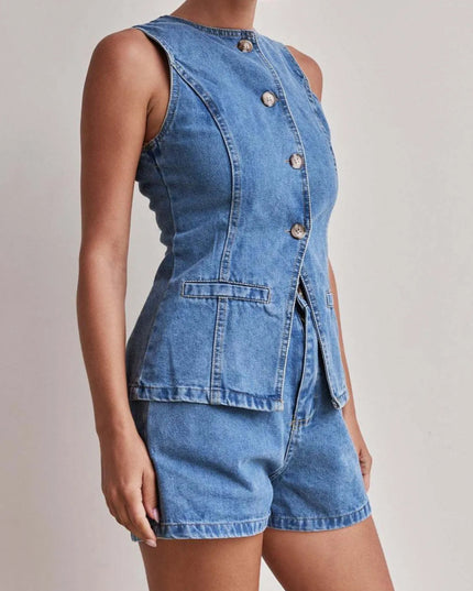 Button Down Vest and Shorts Denim Set - THE AMERICAN BLUE