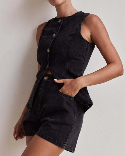 Button Down Vest and Shorts Denim Set - THE AMERICAN BLUE