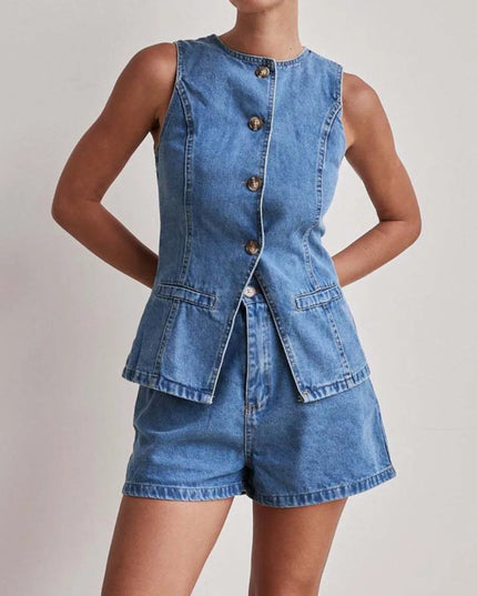 Button Down Vest and Shorts Denim Set - THE AMERICAN BLUE
