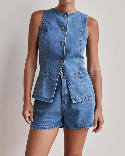 Button Down Vest and Shorts Denim Set - THE AMERICAN BLUE