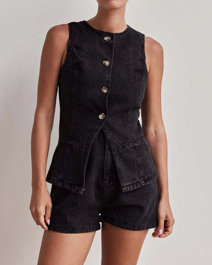 Button Down Vest and Shorts Denim Set - THE AMERICAN BLUE