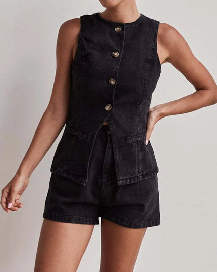 Button Down Vest and Shorts Denim Set - THE AMERICAN BLUE