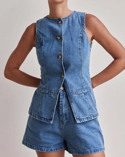 Button Down Vest and Shorts Denim Set - THE AMERICAN BLUE