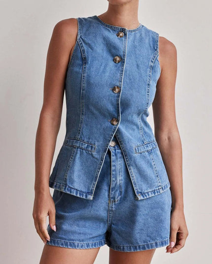 Button Down Vest and Shorts Denim Set - THE AMERICAN BLUE