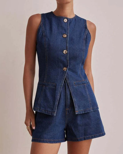 Button Down Vest and Shorts Denim Set - THE AMERICAN BLUE