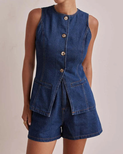 Button Down Vest and Shorts Denim Set - THE AMERICAN BLUE