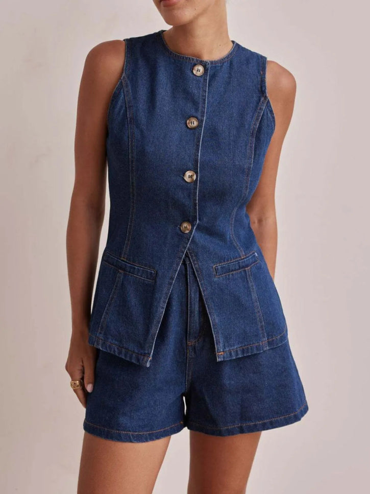 Button Down Vest and Shorts Denim Set - THE AMERICAN BLUE