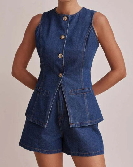 Button Down Vest and Shorts Denim Set - THE AMERICAN BLUE
