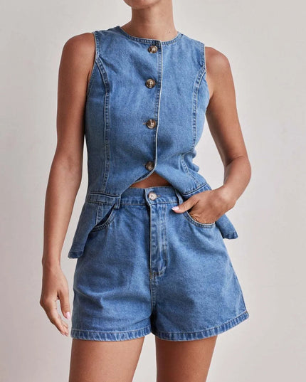 Button Down Vest and Shorts Denim Set - THE AMERICAN BLUE