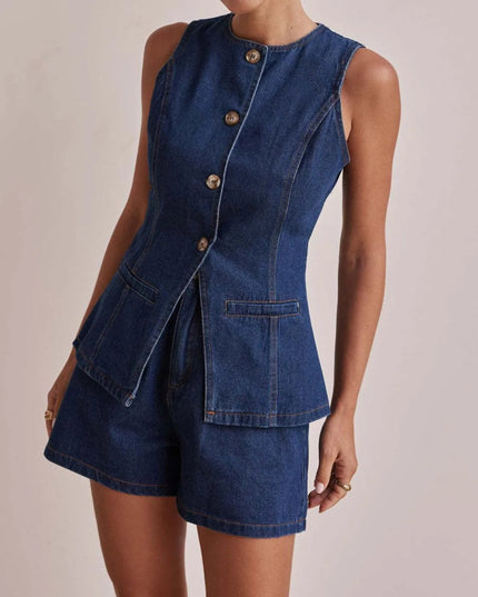 Button Down Vest and Shorts Denim Set - THE AMERICAN BLUE