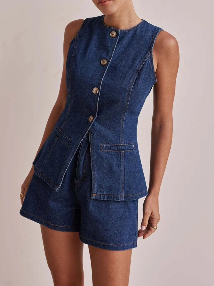 Button Down Vest and Shorts Denim Set - THE AMERICAN BLUE