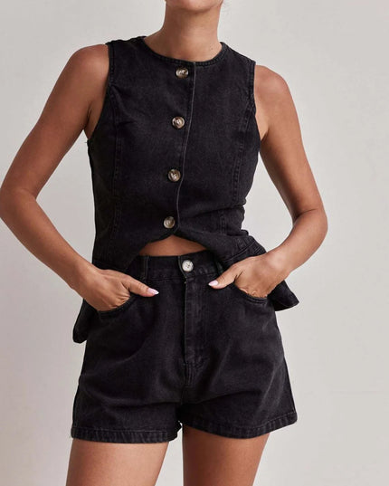 Button Down Vest and Shorts Denim Set - THE AMERICAN BLUE
