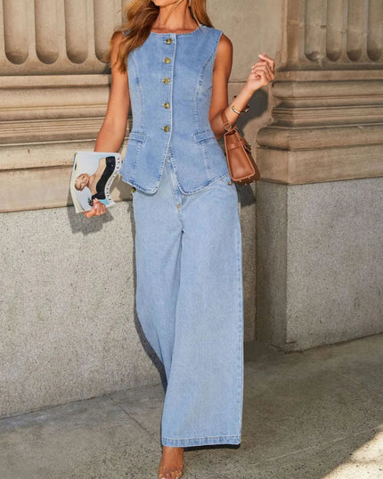 Button Down Vest and Wide Leg Jeans Denim Set - THE AMERICAN BLUE