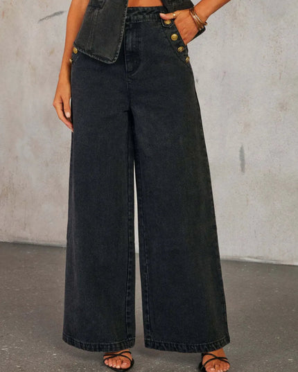 Button Down Vest and Wide Leg Jeans Denim Set - THE AMERICAN BLUE