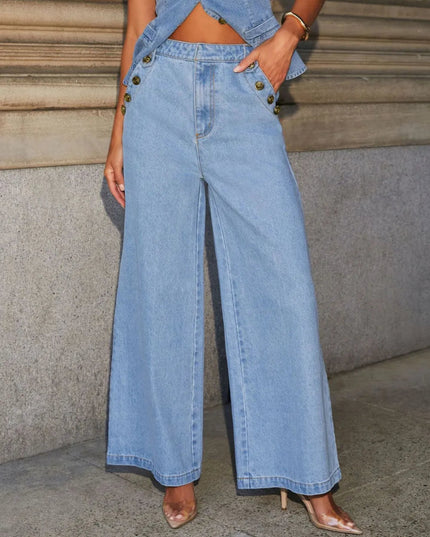 Button Down Vest and Wide Leg Jeans Denim Set - THE AMERICAN BLUE