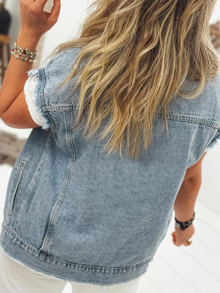 Button Flap Pocket Frayed Detail Denim Vest - THE AMERICAN BLUE