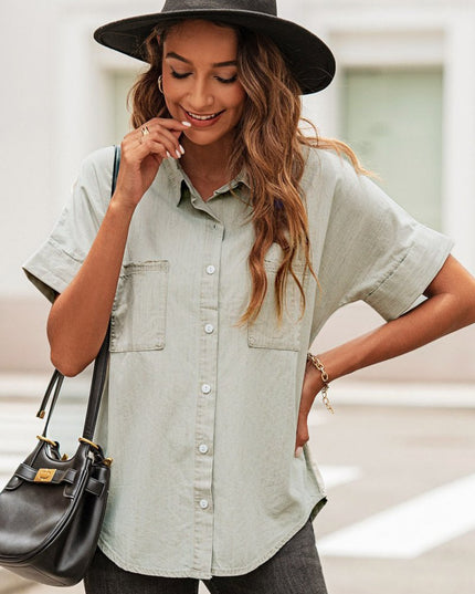 Button Front Collared Short Sleeve Shirt - THE AMERICAN BLUE