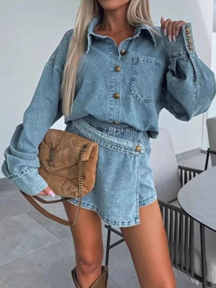 Button - Front Shirt and Mini Skirt Oversized Denim Set - THE AMERICAN BLUE