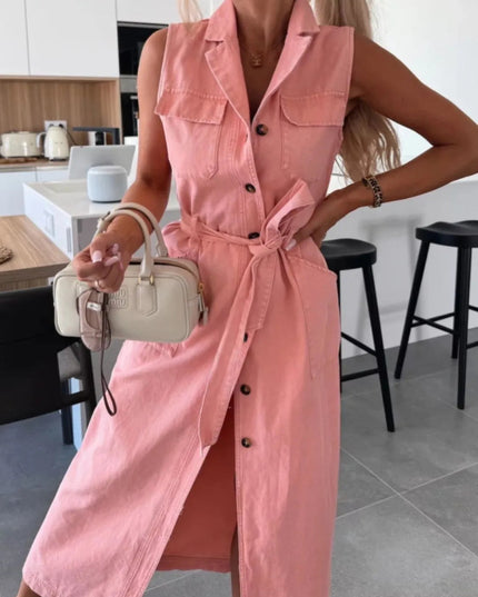 Button Front Sleeveless Denim Dress - THE AMERICAN BLUE