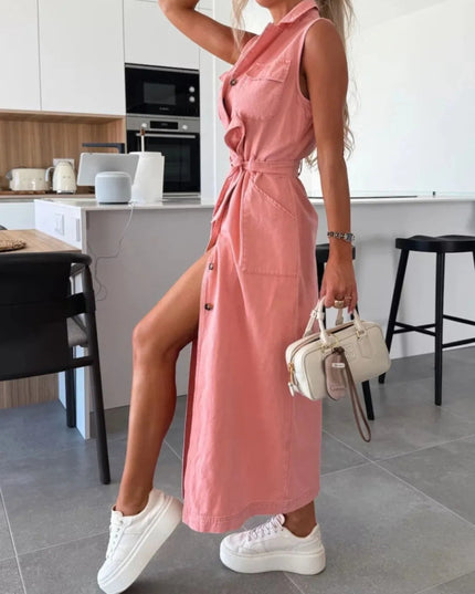 Button Front Sleeveless Denim Dress - THE AMERICAN BLUE