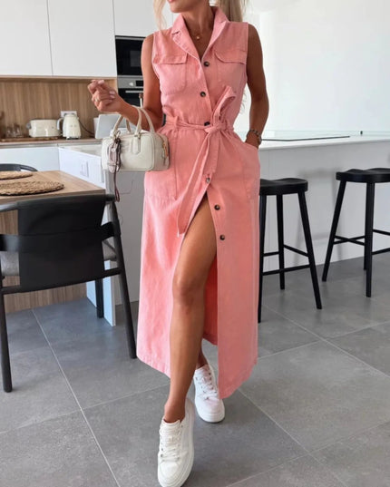 Button Front Sleeveless Denim Dress - THE AMERICAN BLUE