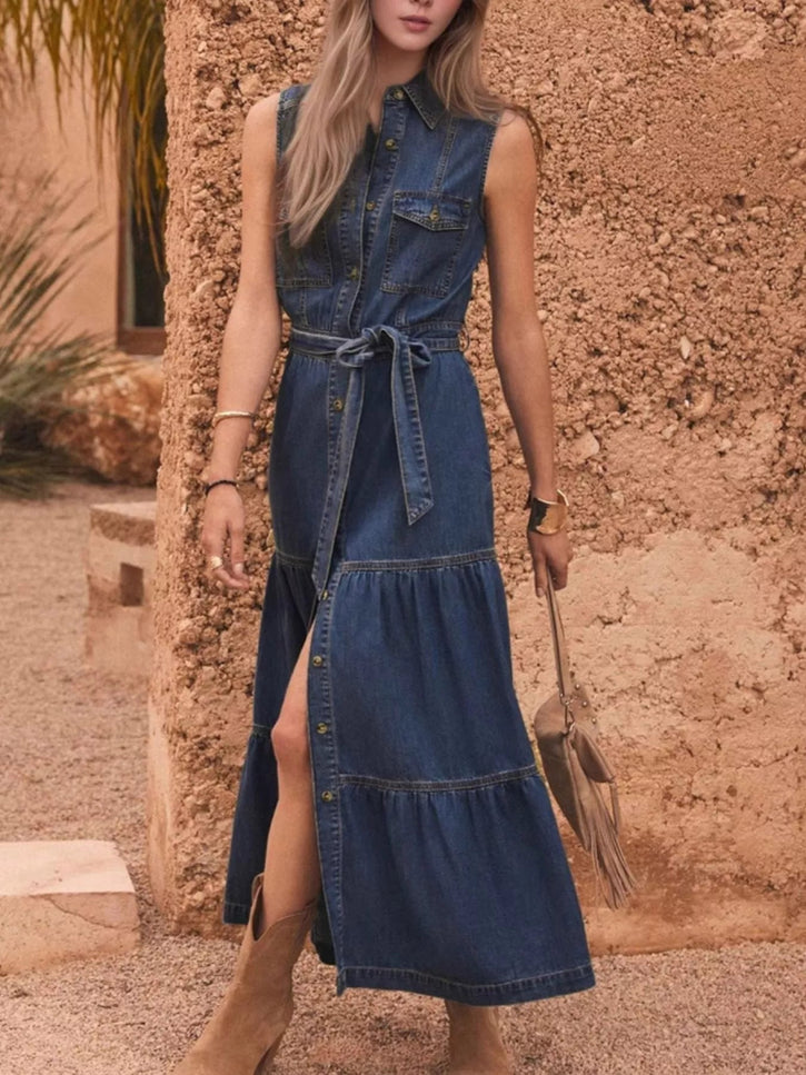 Button Front Sleeveless Denim Dress - THE AMERICAN BLUE