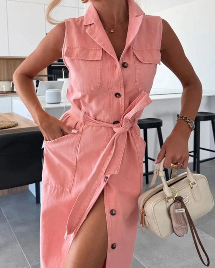 Button Front Sleeveless Denim Dress - THE AMERICAN BLUE