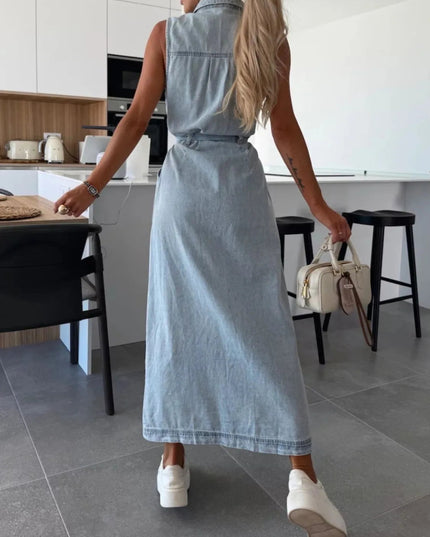 Button Front Sleeveless Denim Dress - THE AMERICAN BLUE