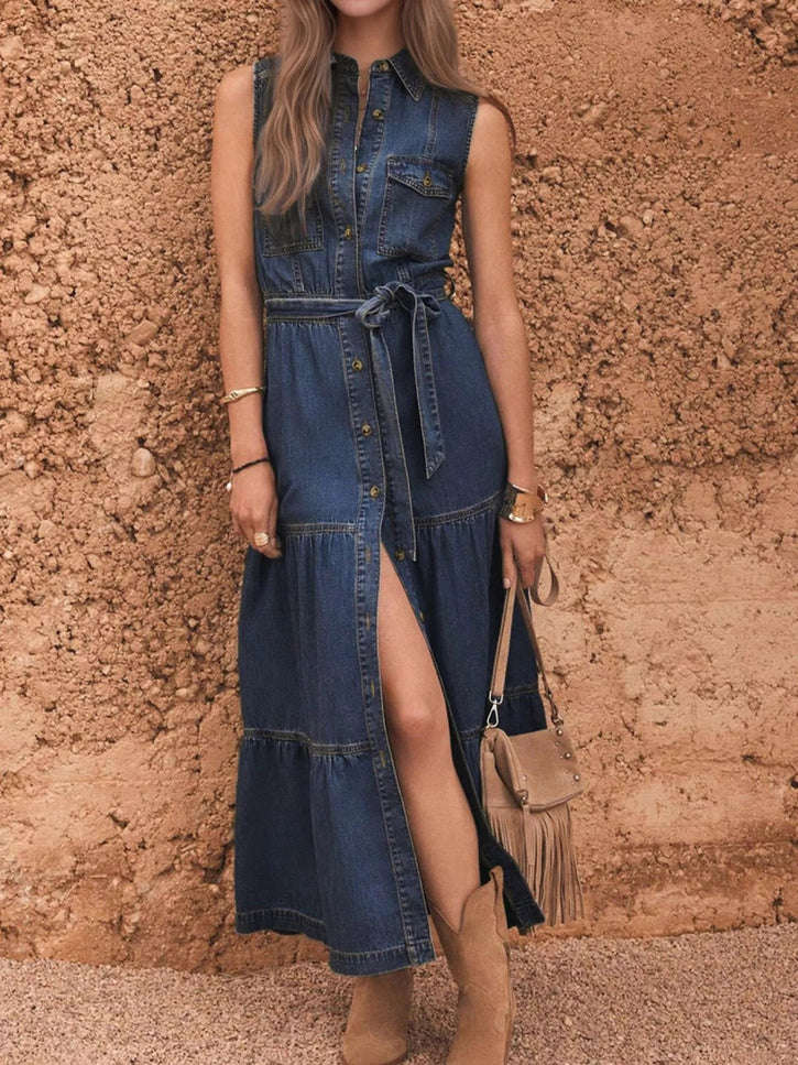 Button Front Sleeveless Denim Dress - THE AMERICAN BLUE