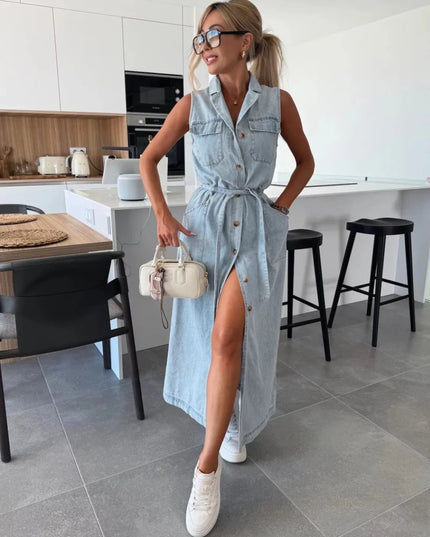 Button Front Sleeveless Denim Dress - THE AMERICAN BLUE