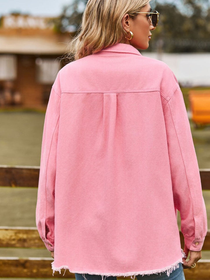 Button Up Collared Neck Raw Hem Denim Top - THE AMERICAN BLUE