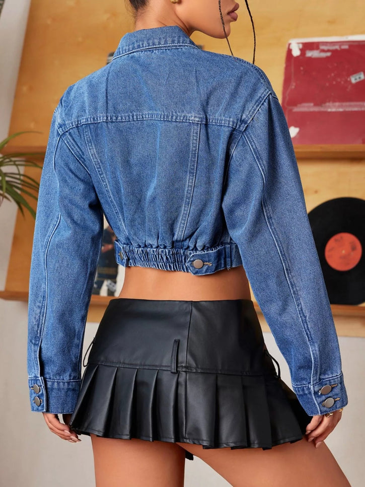 Button Up Cropped Casual Denim Jacket - THE AMERICAN BLUE