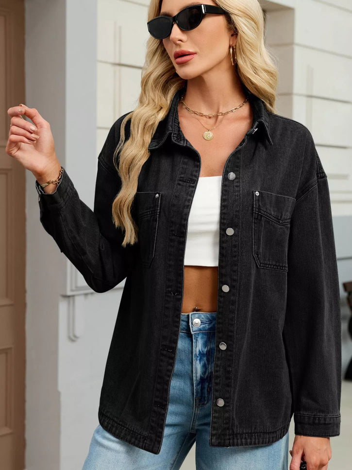 Button Up Dropped Shoulder Denim Jacket - THE AMERICAN BLUE