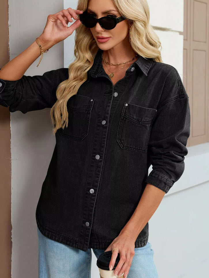 Button Up Dropped Shoulder Denim Jacket - THE AMERICAN BLUE