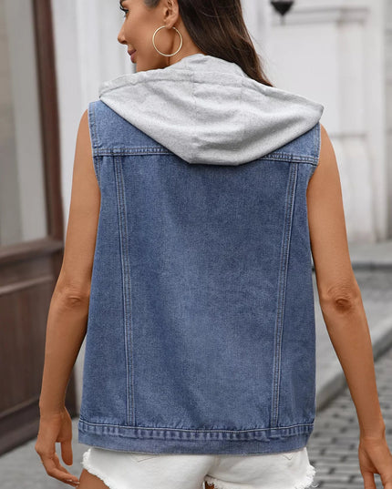 Button Up Removable Hooded Sleeveless Denim Jacket - THE AMERICAN BLUE