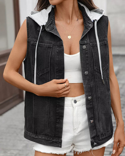 Button Up Removable Hooded Sleeveless Denim Jacket - THE AMERICAN BLUE